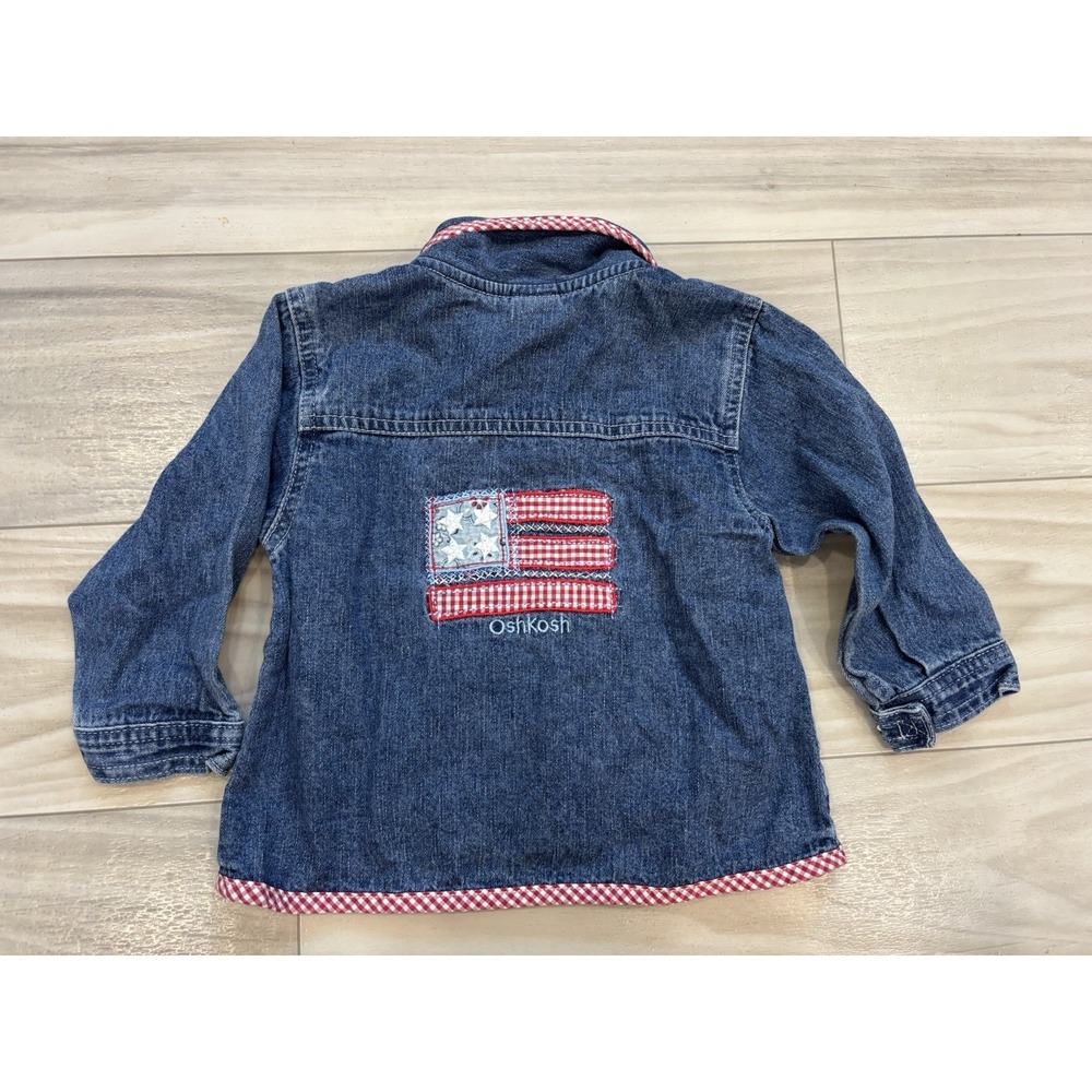 Vtg Oshkosh B Gosh Denim Jean Jacket USA Flag July 4 Chore Coat Strawberry 24M